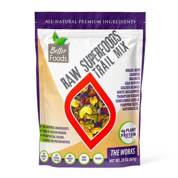 BetterFoods Raw Superfoods Trail Mix - The Works | Unsalted, No Added Sugars/Fats, Vegan, Non-GMO, Gluten-Free | Thompson Raisins, Walnuts, Goji & Golden Berries, Seeds & More | Nutrient-Packed Snack, 20oz