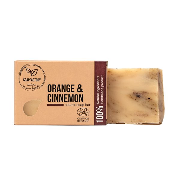 SoapFactory Organic Soap with Orange and Cinnamon, Exfoliating Scrub Bar, 100% Natural Facial Cleanser, Face and Body, Vegan, Cruelty Free, Handmade, 3.88 ounce
