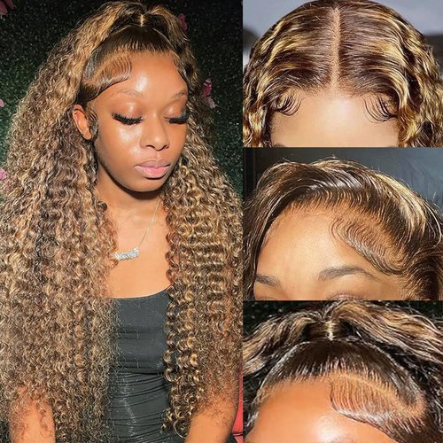 miear Highlight HD Transparent 13x6 Lace Front Wigs Human Hair Deep Wave 180% Density Honey Blonde 4/27 Lace Front Wig for Black Women Glueless Frontal Curly Wig Pre Plucked with Baby Hair 22 Inch