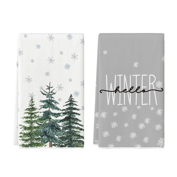 Artoid Mode Hello Snowflakes Winter Kitchen Towels Dish Towels, 18x26 Inch Christmas Pine Trees Decoration Hand Towels Set of 2