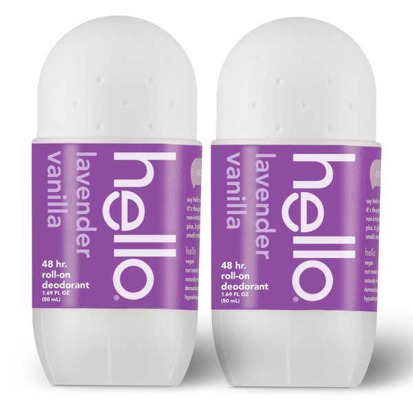 hello Lavender Vanilla Roll On Deodorant, Aluminum Free Deodorant for Women + Men, 48 Hour Non Sticky Formula, Dries Quick and Leaves No White Residue, Travel Deodorant, 2 Pack, 1.69 oz Tubes