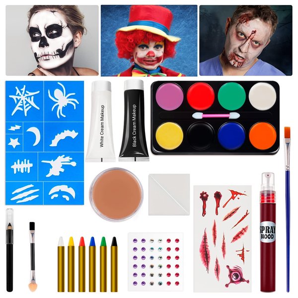 Halloween Makeup Kit for Adults Kids - Zombie Skeleton Vampire Clown Witch SFX Makeup kit, Black White Scary Halloween Cosplay Face Paint Make Up Set Fake Blood Tattoo Stickers 8-Color Makeup Palette