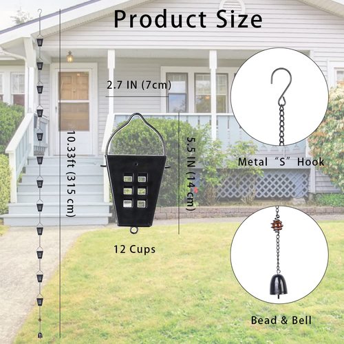 Qipade Square Rain Chain, Black Rain Chains for Gutters 10 FT, Adjustable Rain Catcher Chain with Bell for Eaves Drainage, Rain Gutter Chain Downspout，Black（12 Cups ）