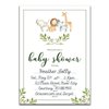 Set of 25 Safari animals baby shower invitations with envelopes. Boy or girl watercolor baby shower party invites featuring greenery, rhino, giraffe, elephant and lion. Simple and elegant theme