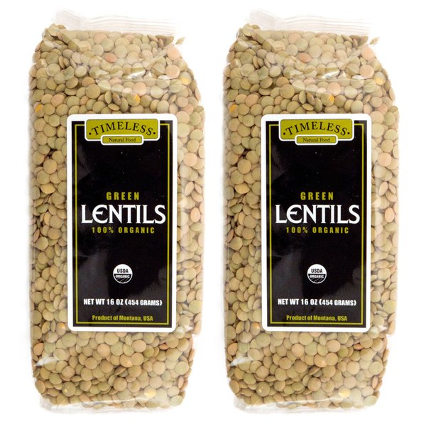 Timeless Natural Food USDA Certified Organic Green Lentils 16 oz each (2-Pack)