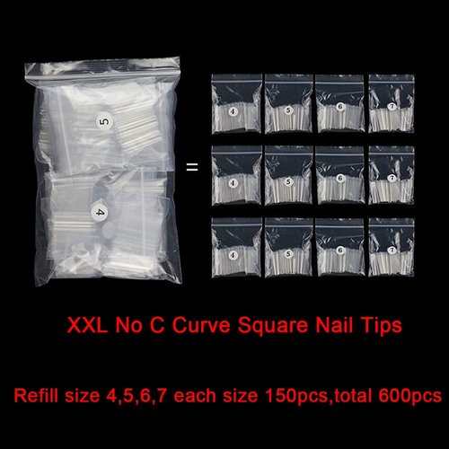 XXL No C Curve Nail Tips, SWETIDY 600Pcs Refill Size of 4,5,6,7 Clear Acrylic Nails Square Shape Nail Half Cover (600Pcs Refill XXL Square)