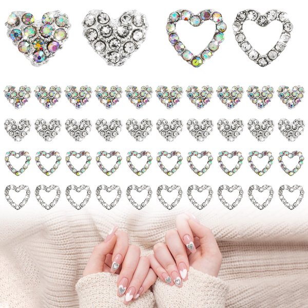Thinp 40 Pieces Heart Charms for Nails, Heart Nail Charms Nail Rhinestones 3D Diamond Nail Charms Alloy Nail Gems Nail Art Supplies for Women Girls Valentine's Day Wedding Manicure