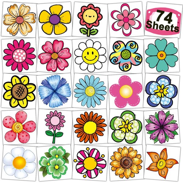 CHARLENT Flower Temporary Tattoos for Kids - 74 Individually Sheets Flower Tattoos Stickers for Girls Birthday Party Favors Goodie Bag Fillers