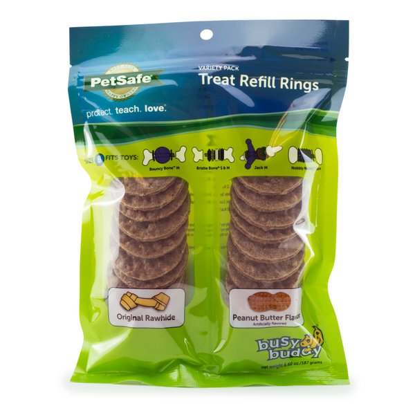 PetSafe® Rawhide Treat Ring Refills, Variety Pack, Size B, Original Rawhide and Peanut Butter Flavor, Replacement Treats Busy Buddy Treat Ring Holding Toys