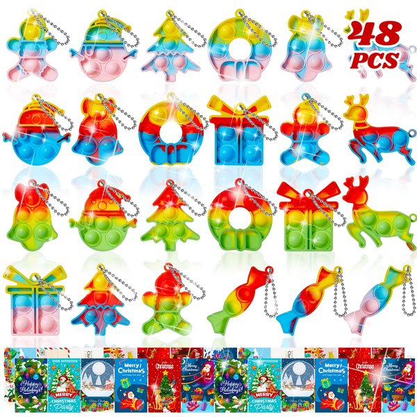 TOANWOD 48 PCS Christmas Party Favors Pop Fidget Toys Bulk: Christmas Stocking Stuffers Goodie Bag Stuffers - Prizes for Kids Classroom Gifts from Teacher - Girls Boys (24pcs Keychain + 24pcs Cards)