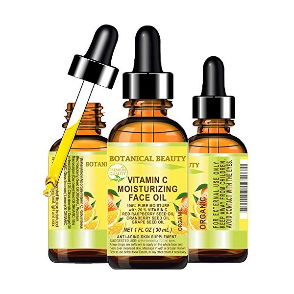 Botanical Beauty VITAMIN C Moisturizing Face Oil 20% Vitamin C Red Raspberry Seed Oil Cranberry Seed Oil Grape Seed Oil Natural Pure Organic. 1 Fl. oz - 30 ml