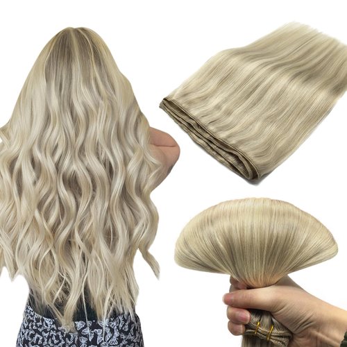 DOORES Weft Hair Extensions Human Hair, Ash Blonde Highlighted Platinum Blonde 24 Inch 120g Sew in Hair Extensions Real Human Hair Straight Natural Weave Weft Real Hair Extensions for Women