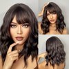LOVENIA 14" Dark Brown Wig Short Wave Hair Wig for Women Bangs Wig for Beginners Synthetic Curly Wig Body Wave Hair Wig Chocolate Brown Wig Brunette Wig Synthetic Costume Wig(Dark Brown)
