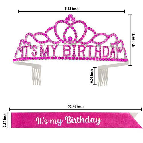 ACO-UINT Birthday Crown for Women, Hot Pink Birthday Headband Birthday Sash It's My Birthday Crown, Birthday Girl Crown Birthday Tiara Birthday Decorations Birthday Gifts