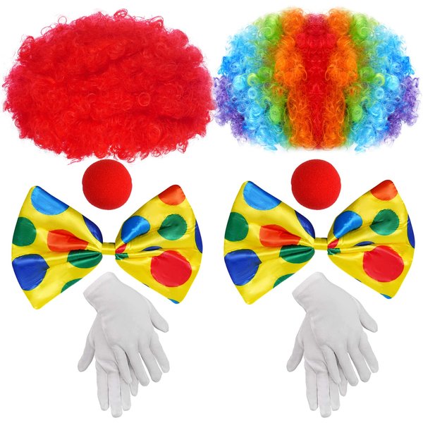 jiebor 2Pack Clown Costume Set Clown Wig Nose Accessories Bow Tie White Gloves for Halloween Parties Carnivals Pretend Play Men Women Adults