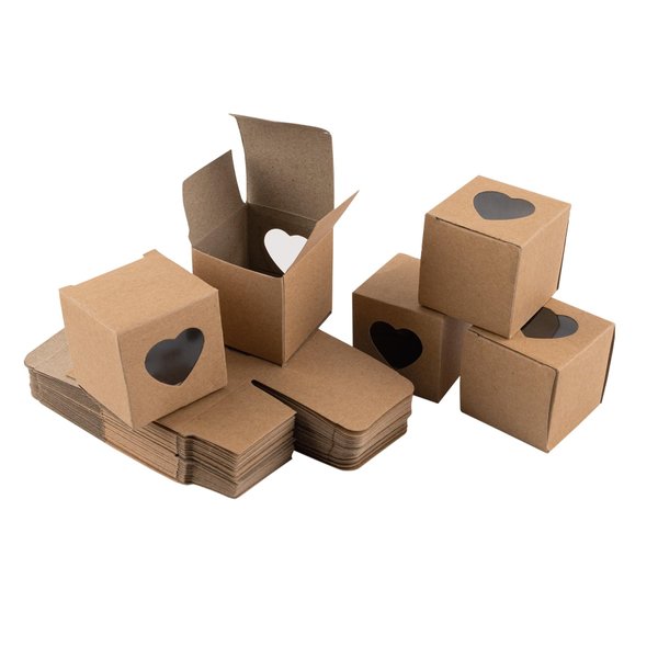 AUEAR, 50 Pack of Kraft Gift Boxes with Clear Plastic Heart Window 2x2x2 inch Black Treat Gift Boxes for Cake Candy Cookies Dessert