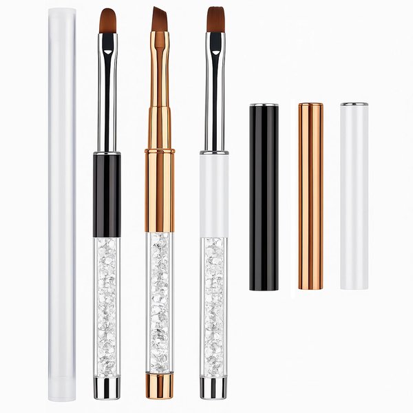 3Pcs Gel Nail Brush Set – Oval, Flat & Angled Tips, Rhinestone Handle Nail Art Design Brushes with Protective Caps, UV Gel Acrylic Builder Brush Kit for Manicure – Black, White, Gold