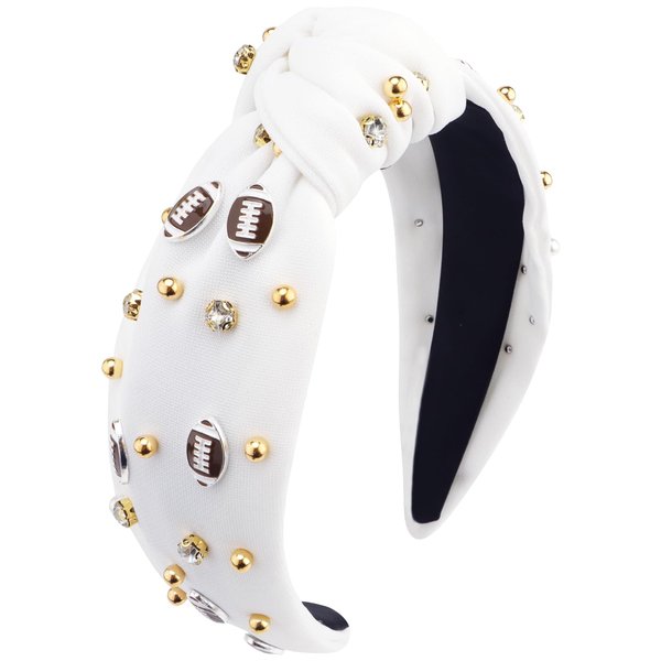 YARIEW Football Headband for Women Pearl Rhinestone Jeweled Knotted Headband Top Knot Headband for Women Hair Accessories Football Accessories Sports Fan Mom Gifts (White)…