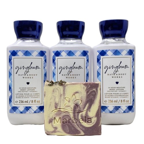 Bath and Body Works Gingham Value Pack - Lot of 3 24 hr Moisture Shea Butter + Vitamin E Body Lotions whit Lavender Dream Artisan Bar Soap.