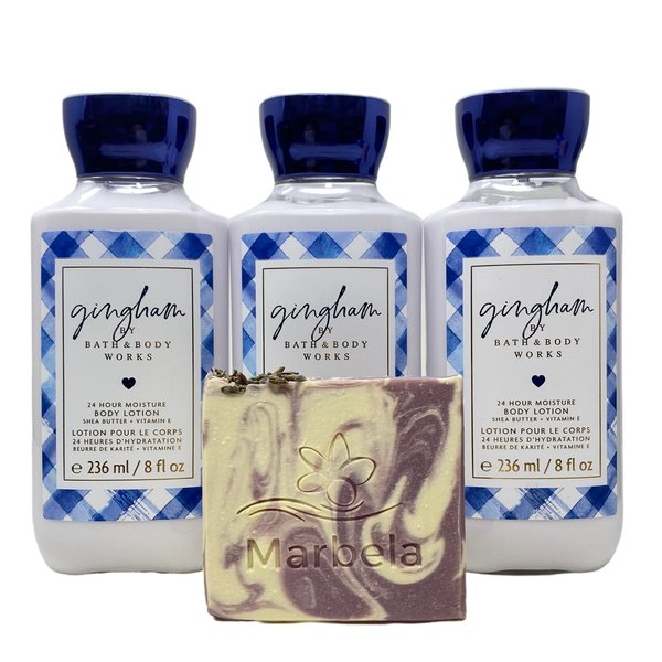 Bath and Body Works Gingham Value Pack - Lot of 3 24 hr Moisture Shea Butter + Vitamin E Body Lotions whit Lavender Dream Artisan Bar Soap.