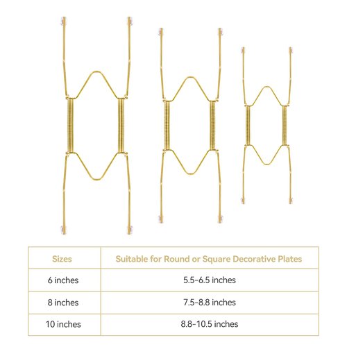 Bilillo 12 Pieces Stainless Steel Decorative Wire Plate Holders, 6/8/10 Inches Invisible Wall Plate Hangers, 3 Sizes Home Decoration with Wall Hooks for Antique Plates and Arts (Gold)