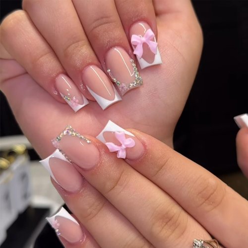 LRKNNO French Tip Press on Nails Short Square Fake Nails with Bow Rhinestones Design Coffin Nail Tips Full Cover Acrylic Nails Pink False Nails Cute Glue on Nails for Women Manicure Salon 24Pcs