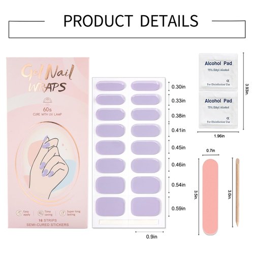 WOKOTO Semi Cured Gel Nail Strips (Lavender)-16 Pcs Gel Nail Stickers | Gel Nail Wraps | UV Light Required, Salon Quality & Easy To Use, Real Nail Polish Strips Stick On Nails Kit With Nail File