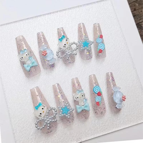 Nail Apparel Long Coffin Cute Kawaii Press on Nails 3D Cartoon Pink Glitter Rhinestone Heart Pearl Bow Long Ballet Trapezoid Fake Nails 24Pcs (Blue Kitty Candy)