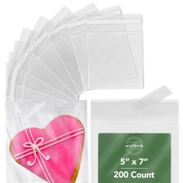 Seal Fresh Cellophane Bags – 5" x 7" (200 Count) – Clear Plastic Resealable Self Sealing Cellophane Bag – Cellophane Treat Bags, Cookie Bags for Packaging, Candy Bags, Cello Bags, Pastry Bags