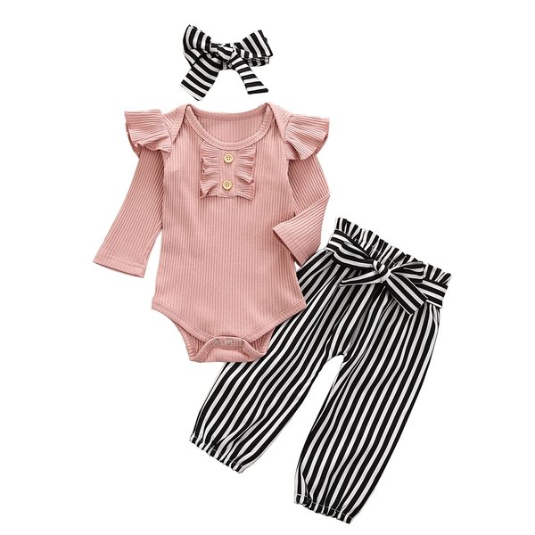 ADXSUN Newborn Baby Girls Outfits Flying Sleeve Romper+Cute Pants+Headband 3PC Infant Girl Clothes Set