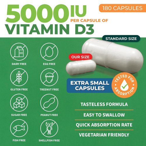 ForestLeaf - Vitamin D3 IU Weekly Supplement - Vitamin D Capsules for Bones, Teeth, and Immune Support - Easy Swallow Pure Vitamin D3 Caps (5,000 IU - 180 Count)
