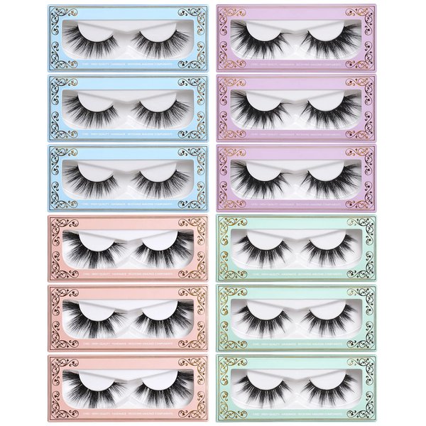 MAGEFY 12 Pairs False Eyelashes Fluffy Volume Long Faux Mink Lashes Natural Look 4 Styles Wispy Fake Eyelashes Soft Reusable Eyelashes with Lashes Boxes (12 Pairs, 4 Styles)