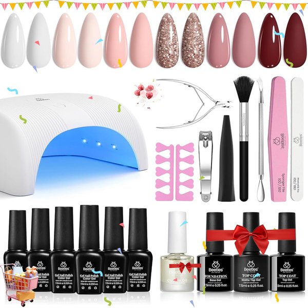 Beetles Gel Nail Polish Kit with Uv Light Starter Kit 6 Colors Soft Pink Nude White Gel with Base Gel Top Coat Cuticle Oils Nail Accessories for Girls Women Glitter Gel Polish Set Gift for Her