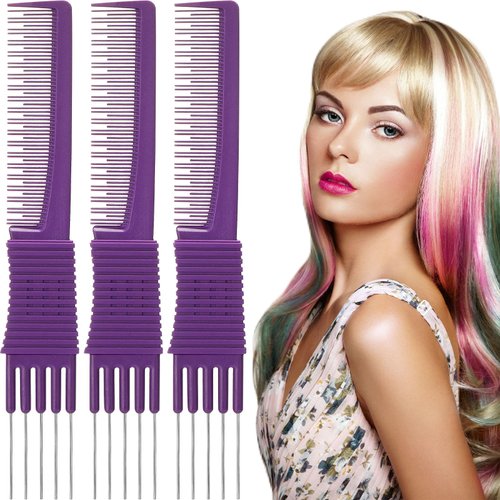 3 Pack Carbon Lift Teasing Combs with Metal Prong, Salon Teasing Back Combs Carbon Comb with Stainless Steel Lift (Purple)