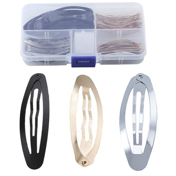 MAHAVIMOKSA 1 Box 60pcs 50mm Mixed 3 Colors Oval Shape Barrettes Women Metal Snap Hair Clips for DIY Craft (50mm, Black/Light Gold/Silver)