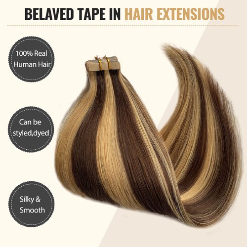 Belaved Tape ins Hair Extensions Human Hair Medium Brown Highlighted Honey Blonde 50g/pack 20pcs Straight Seamless Skin Weft Tape in Real Human Hair Extensions 22inch #4P27