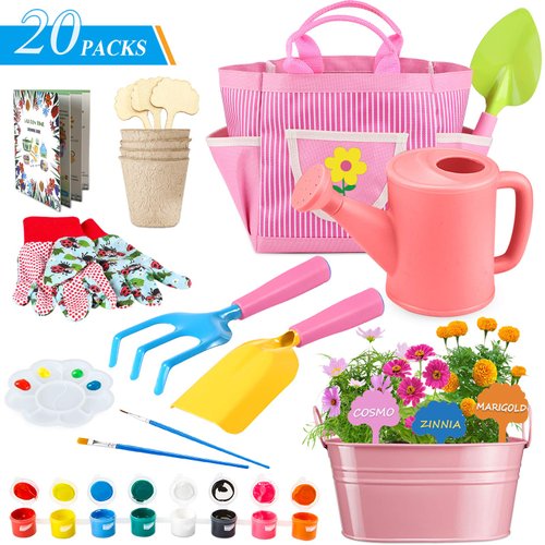 GINMIC Kids Gardening Tools with STEM Learning Guide, Apron, Watering Can, Gloves, Shovel, Rake, & Painting Accessories Beach Sand Toy For Garden, Easter Gifts for Girls