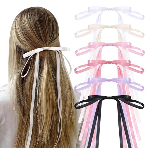 6pcs TOKUFAGU Hair Bow Clips for Women, Long Tail Tassel Bowknot Hair Ribbons Barrettes for Girls, Solid Silky Satin Ponytail Holder Hair Accessories