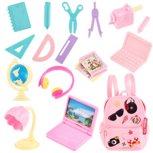 JOINPAYA 18pcs Mini School Supplies Dollhouse: Miniature Model Backpack Laptops Book Paper Ruler Scissors Doll House Accessories Set