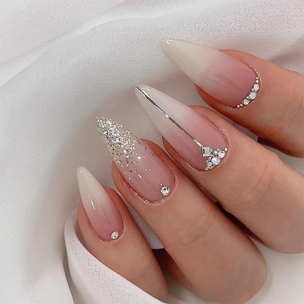 Almond French Tip Press on Nails Long Rhinestones False Nails Artificial Acrylic Nails Silver Glitter Powder Design Fake Nails 24Pcs Full Cover Reusable Coffin Nails Glue on Nails for Women Supplies