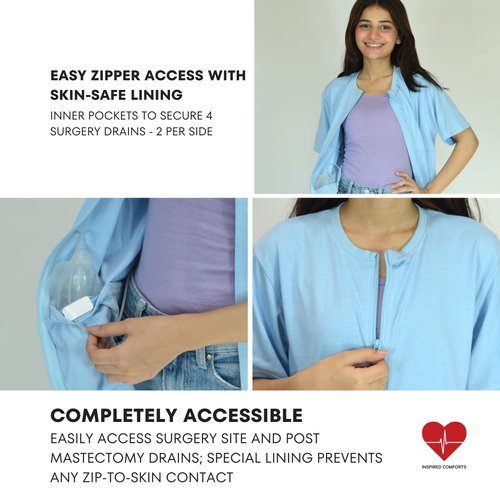 Inspired Comforts Mastectomy Recovery Shirt with Drain Pockets & Fasteners to Hold Drainage Tubes Light Blue