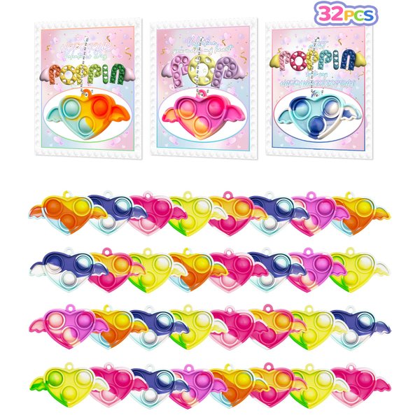 Valentines Day Gifts for Kids Pop Its - Valentines Day Cards for Kids - 32 Pack Pop Heart Fidget Toys Bulk - Kids Valentines Day Gifts Exchange Cards for Boys Girls School Classroom