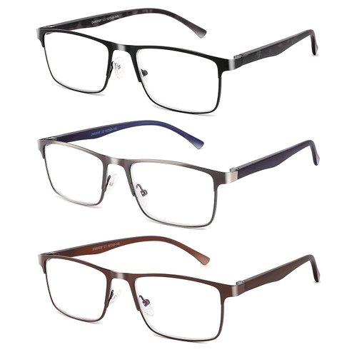 CRGATV 3-Pack Reading Glasses for Men Blue Light Filtering Full Frame Metal Readers Anti Uv/Eye Strain/Glare (+2.0 Magnification Strength)