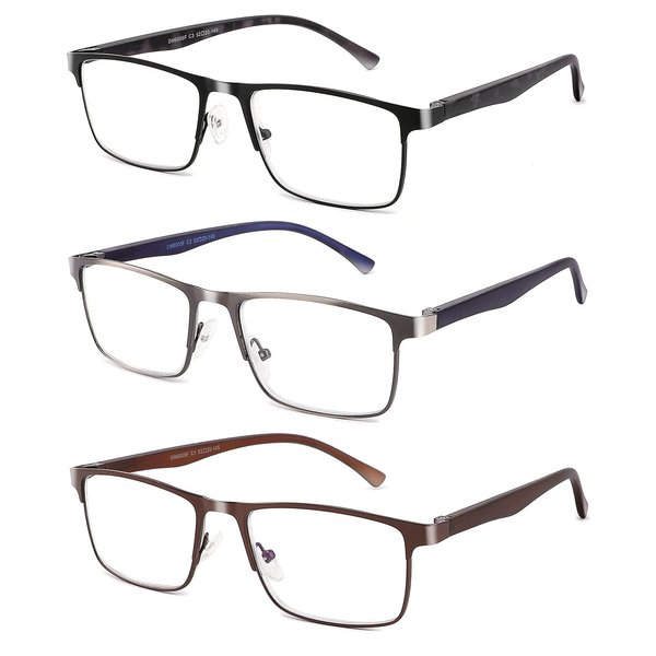 CRGATV 3-Pack Reading Glasses for Men Blue Light Filtering Full Frame Metal Readers Anti Uv/Eye Strain/Glare (+2.0 Magnification Strength)