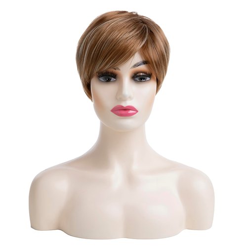 Dsimeig Short Wigs for White Women Blonde Highlights Synthetic Hair Wig Layered Halloween Cosplay Wig,Brown