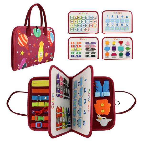 EZBaby Busy Book for Toddlers 1-3, Montessori Busy Board for 3 Year Old, Kid Travel Busy Board for Toddlers 1+, Sensory Book, Airplane Activities Toy, Educational Motor Skills Boys and Girl 2-4, Red