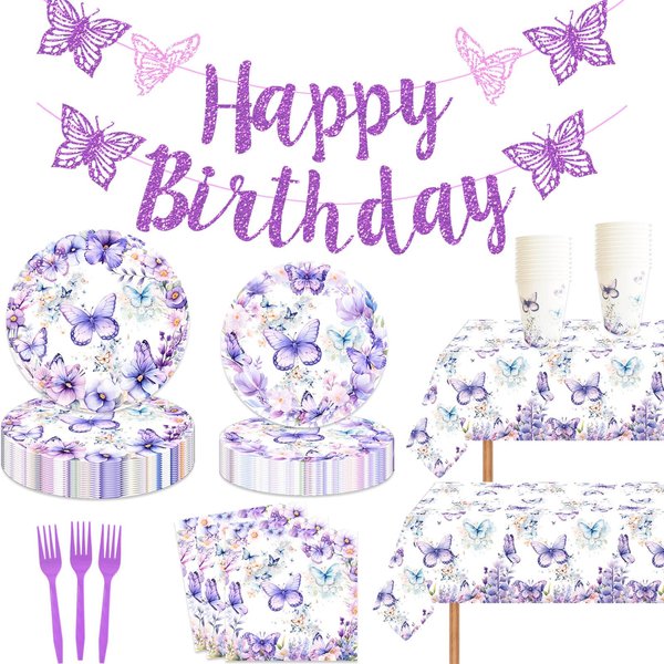 121 Pcs Butterfly Birthday Party Decor Spring Butterfly Paper Plates Napkins Forks Cups Tablecloth Banner Dinnerware for Butterfly Girls Baby Shower 1st 2nd 3rd 4th Bday Party Supplies Decorations
