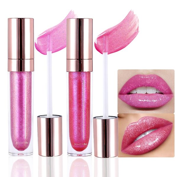 evpct 2Pcs Blush Red Pink Pearlescent Chameleon Shimmer Glitter Lipstick Lip Gloss, Long Lasting Waterproof Glitter Metallic Sparkly Glossy Lip Gloss Tint Stain Liquid Lipsticks Makeup Set for Women
