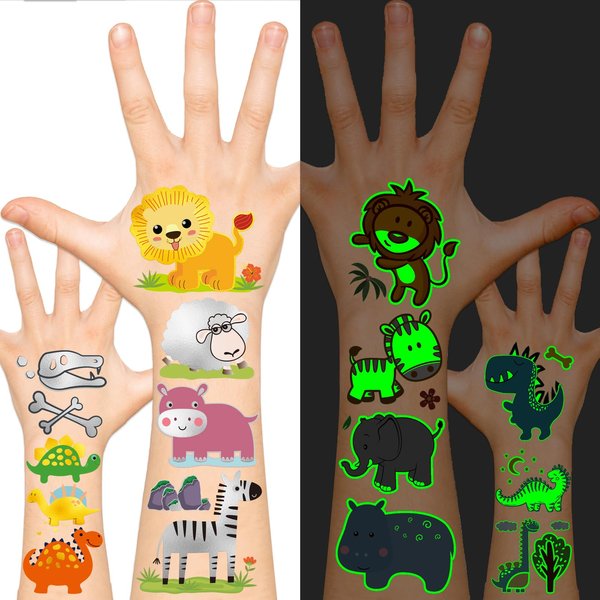 EMOEM Metallic + Glow Kids Tattoos Temporary, Waterproof Tattoo Stickers for Boys and Girls, Metallic Glitter Glow Party Favors Goodie Bag Stuffers (Various)