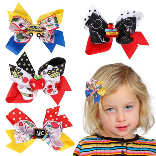 Whaline 4Pcs Back to School Bow Hair Clips Apple School Bus Blackboard Hair Bow Barrette Colorful Ribbon Grosgrain Hairgrips for First Day of School Kindergarten Girls Students Hair Accessories